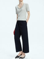 Navy Stonewash Cutout High Waist Pockets Women's Polyester Wide-leg Pants