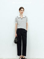 Navy Stonewash Cutout High Waist Pockets Women's Polyester Wide-leg Pants