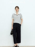 Navy Stonewash Cutout High Waist Pockets Women's Polyester Wide-leg Pants