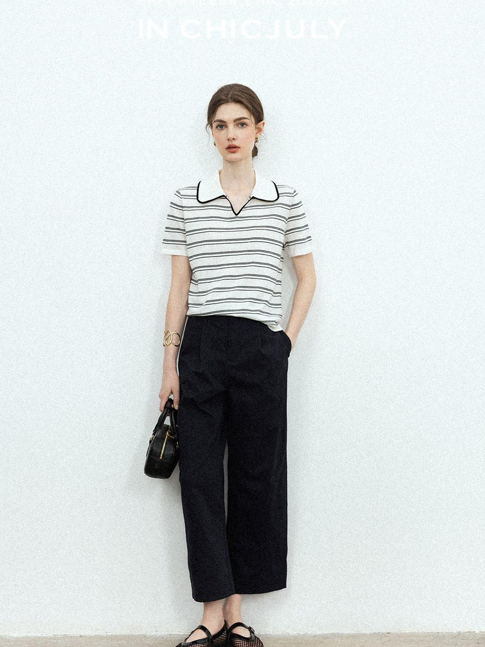 Navy Stonewash Cutout High Waist Pockets Women's Polyester Wide-leg Pants