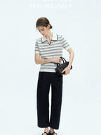 Navy Stonewash Cutout High Waist Pockets Women's Polyester Wide-leg Pants
