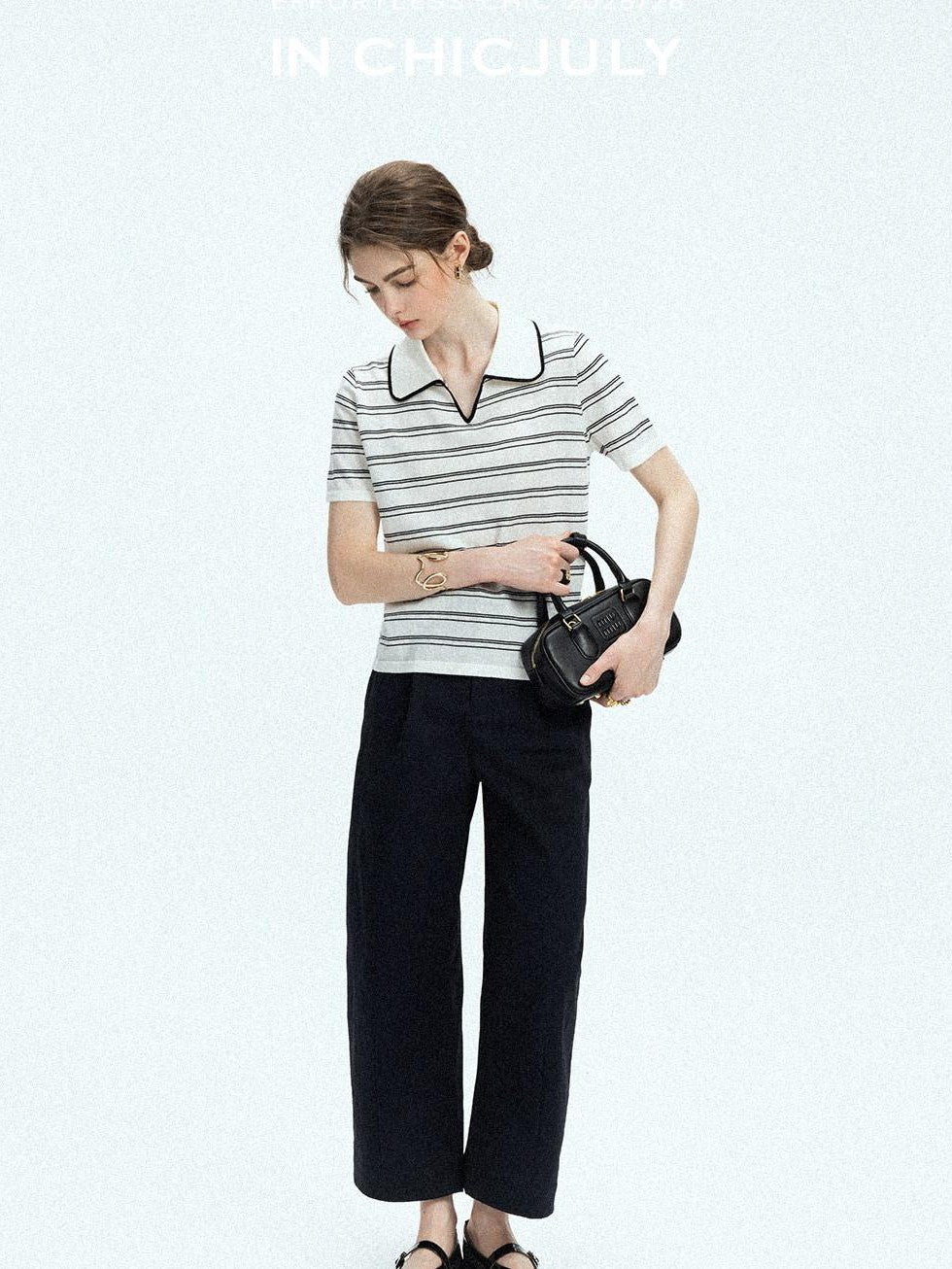 Navy Stonewash Cutout High Waist Pockets Women's Polyester Wide-leg Pants