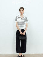 Navy Stonewash Cutout High Waist Pockets Women's Polyester Wide-leg Pants