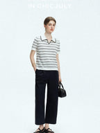 Navy Stonewash Cutout High Waist Pockets Women's Polyester Wide-leg Pants