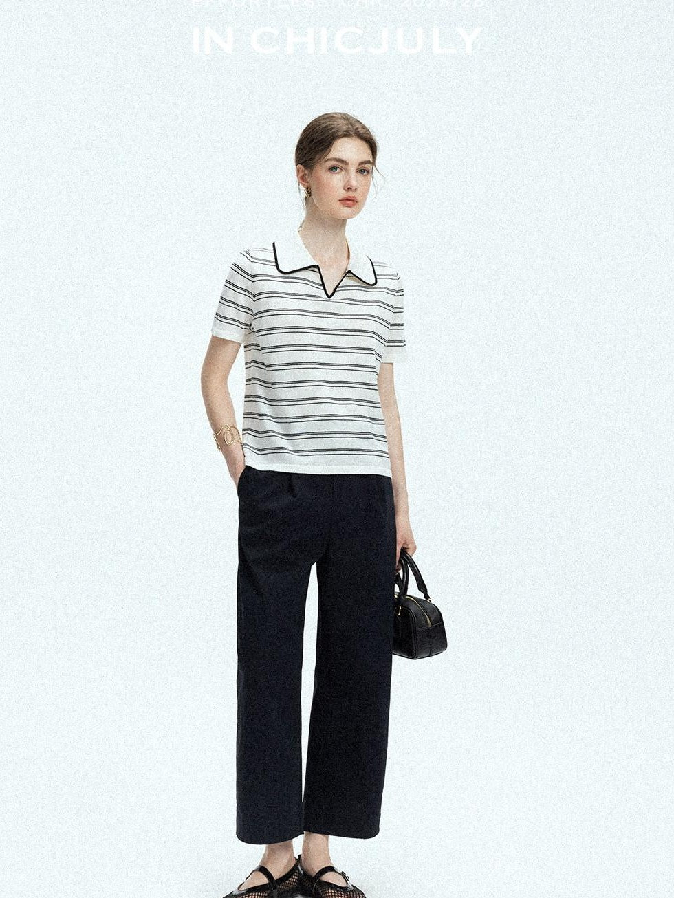 Navy Stonewash Cutout High Waist Pockets Women's Polyester Wide-leg Pants