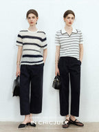 Navy Stonewash Cutout High Waist Pockets Women's Polyester Wide-leg Pants