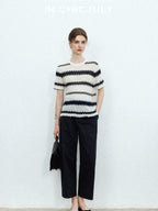 Navy Stonewash Cutout High Waist Pockets Women's Polyester Wide-leg Pants