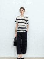 Navy Stonewash Cutout High Waist Pockets Women's Polyester Wide-leg Pants