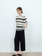 Navy Stonewash Cutout High Waist Pockets Women's Polyester Wide-leg Pants