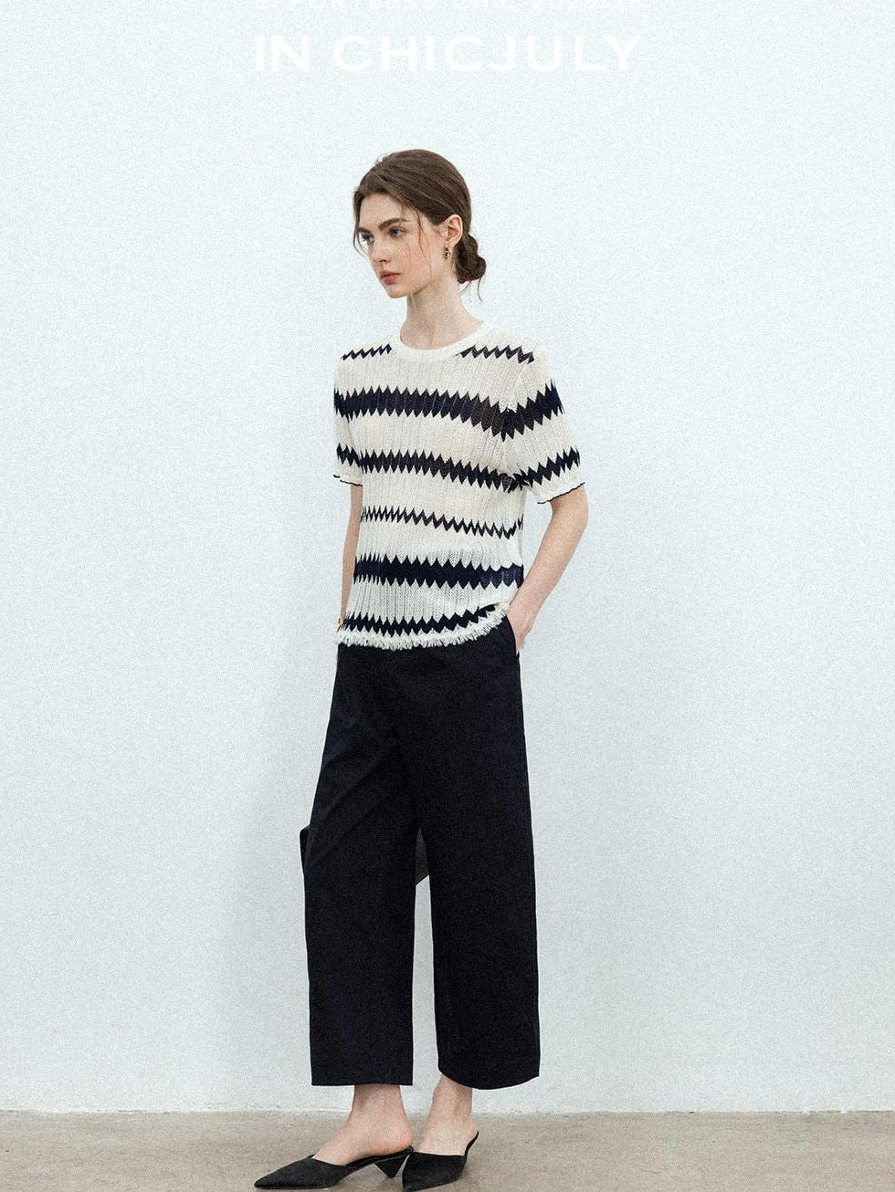 Navy Stonewash Cutout High Waist Pockets Women's Polyester Wide-leg Pants