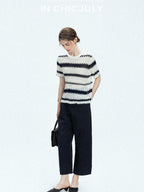 Navy Stonewash Cutout High Waist Pockets Women's Polyester Wide-leg Pants