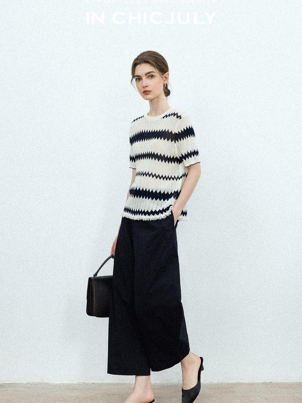 Navy Stonewash Cutout High Waist Pockets Women's Polyester Wide-leg Pants