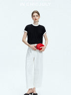 Navy Stonewash Cutout High Waist Pockets Women's Polyester Wide-leg Pants