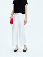 Navy Stonewash Cutout High Waist Pockets Women's Polyester Wide-leg Pants