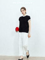 Navy Stonewash Cutout High Waist Pockets Women's Polyester Wide-leg Pants