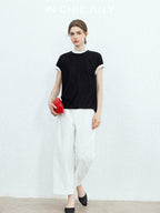Navy Stonewash Cutout High Waist Pockets Women's Polyester Wide-leg Pants