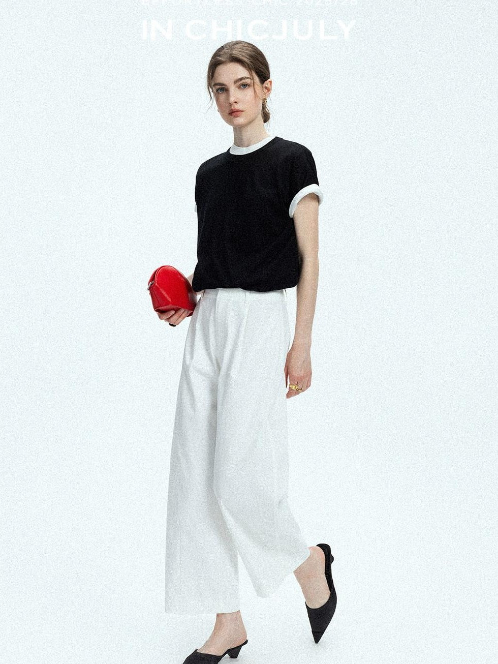 Navy Stonewash Cutout High Waist Pockets Women's Polyester Wide-leg Pants