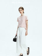 Navy Stonewash Cutout High Waist Pockets Women's Polyester Wide-leg Pants