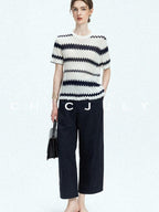 Navy Stonewash Cutout High Waist Pockets Women's Polyester Wide-leg Pants