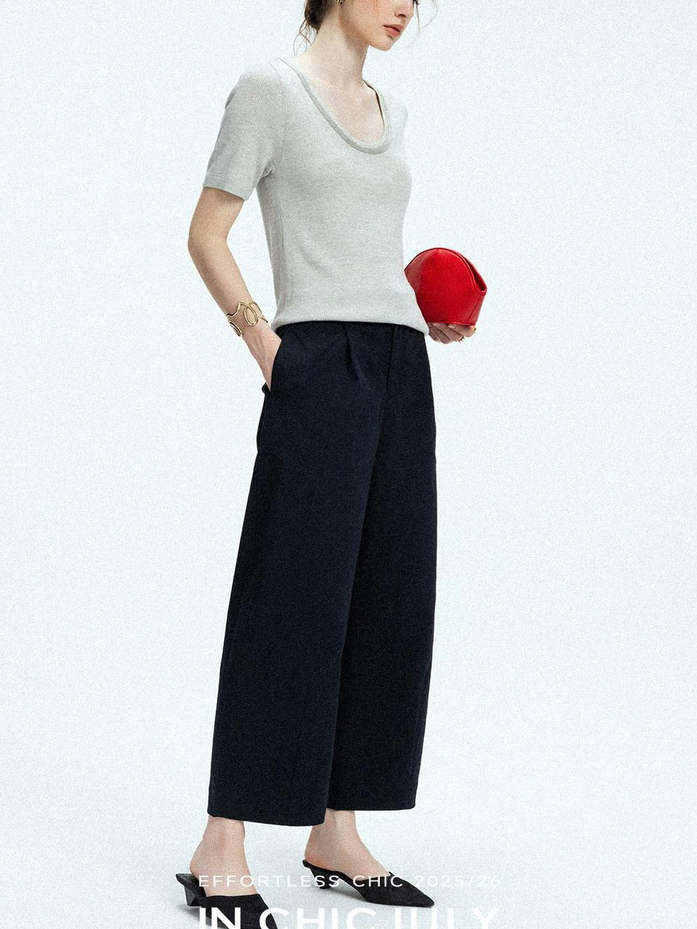 Navy Stonewash Cutout High Waist Pockets Women's Polyester Wide-leg Pants