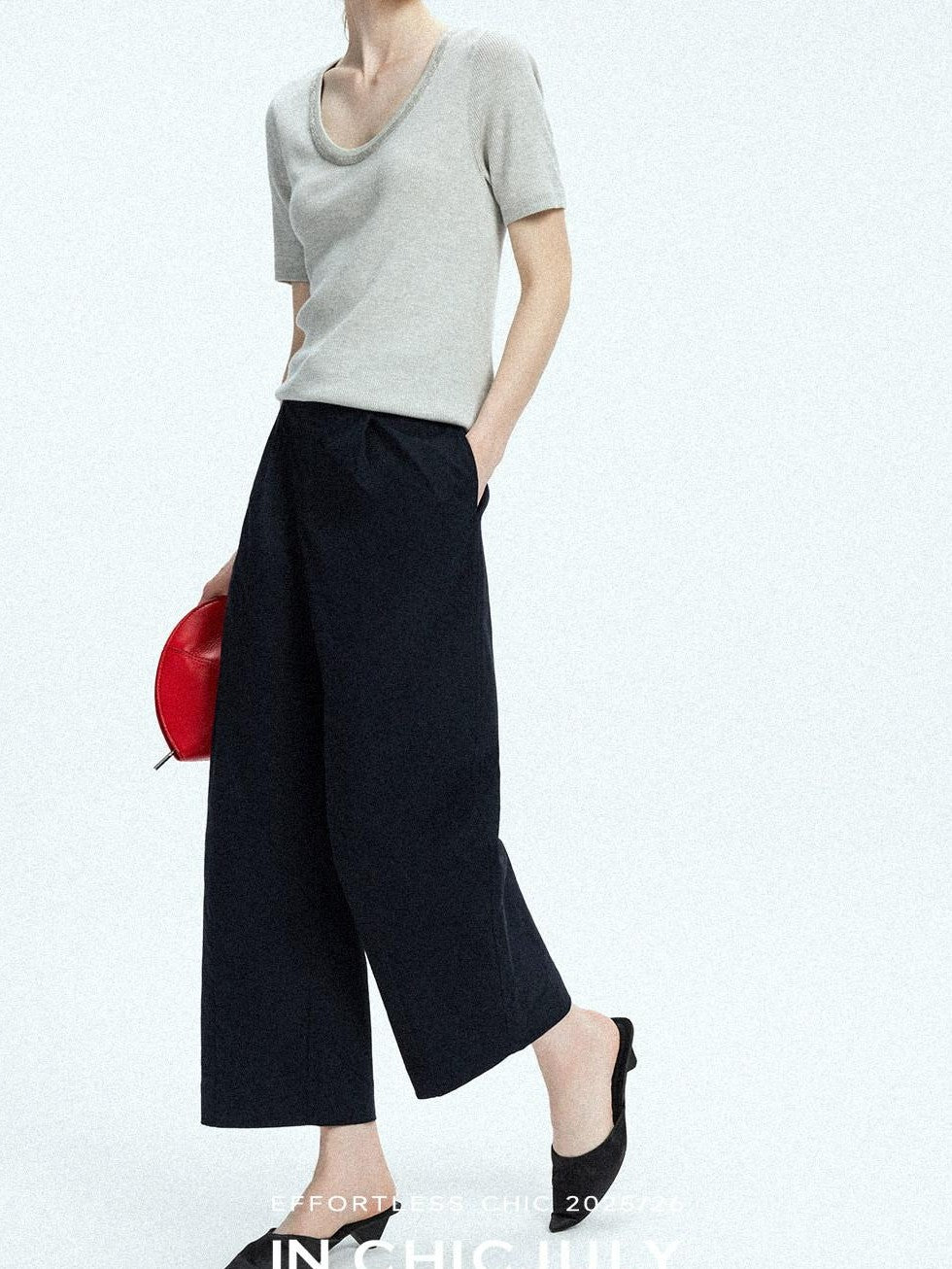 Navy Stonewash Cutout High Waist Pockets Women's Polyester Wide-leg Pants