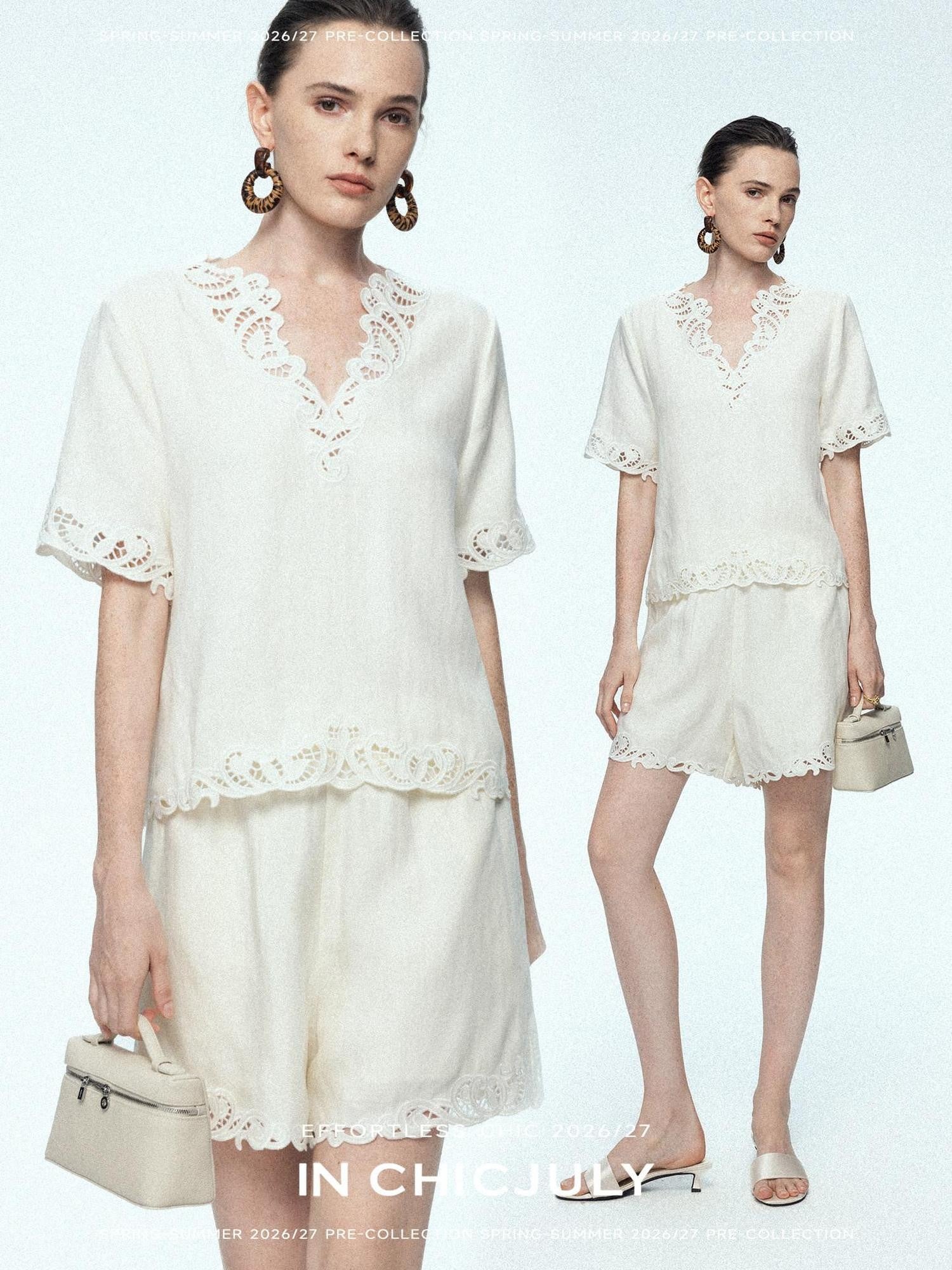 chicjuly Neapolitan Applique Embroidery Lace Women's Linen Top & Shorts Sets