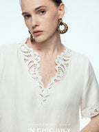 chicjuly Neapolitan Applique Embroidery Lace Women's Linen Top & Shorts Sets