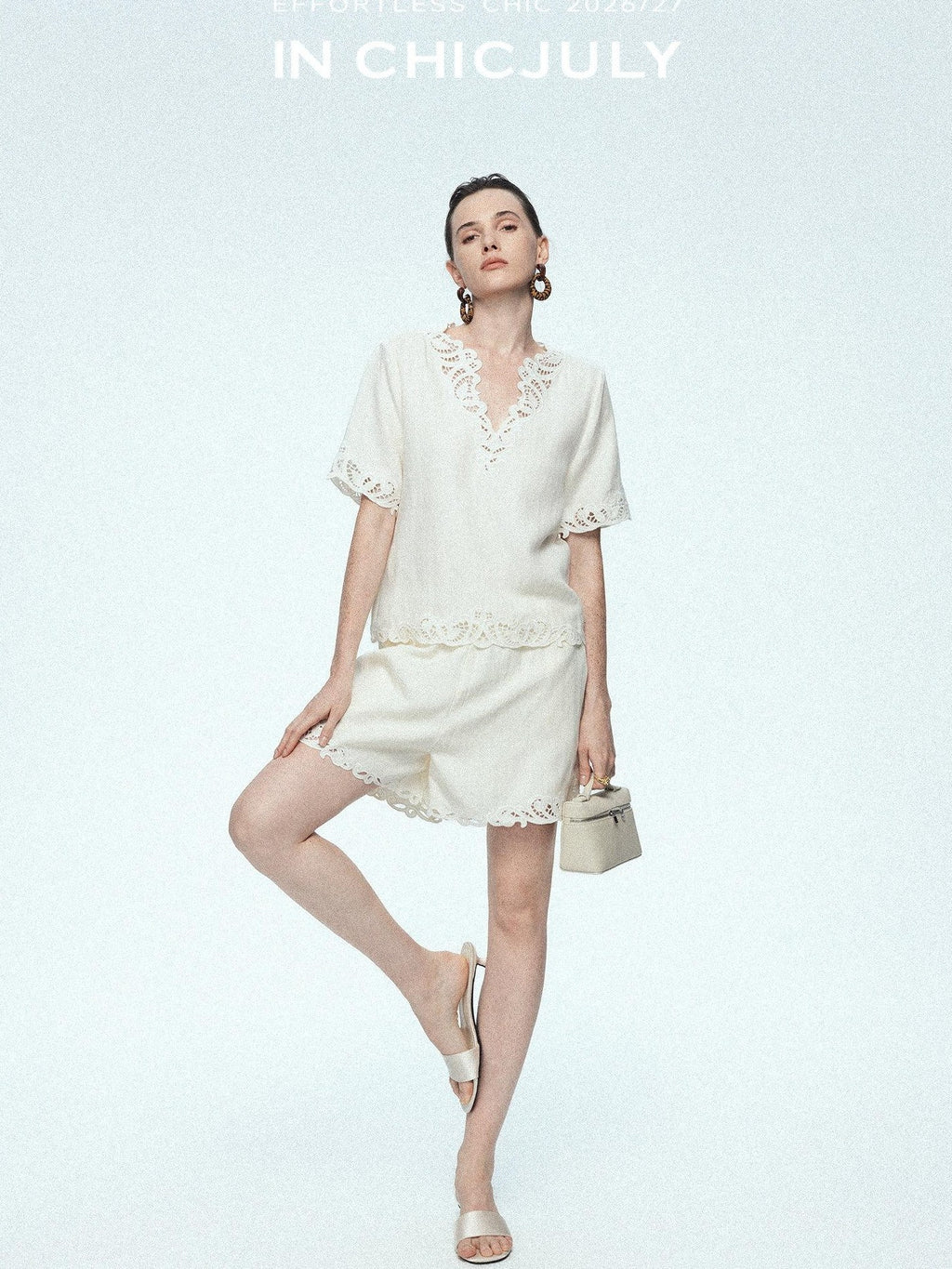chicjuly Neapolitan Applique Embroidery Lace Women's Linen Top & Shorts Sets