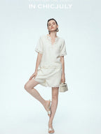 chicjuly Neapolitan Applique Embroidery Lace Women's Linen Top & Shorts Sets