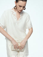 chicjuly Neapolitan Applique Embroidery Lace Women's Linen Top & Shorts Sets