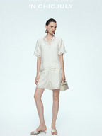 chicjuly Neapolitan Applique Embroidery Lace Women's Linen Top & Shorts Sets