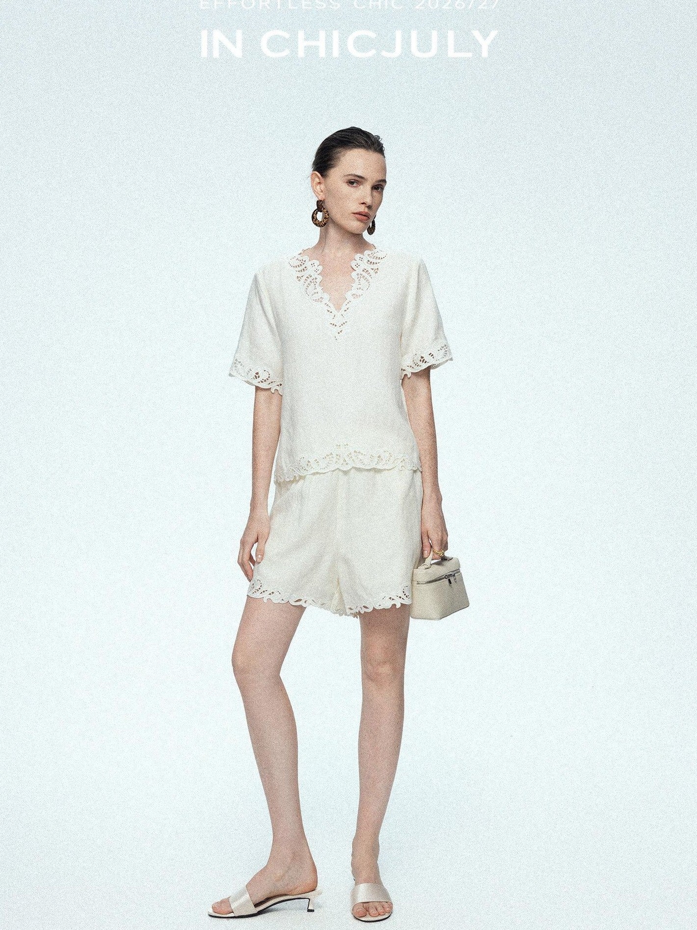 chicjuly Neapolitan Applique Embroidery Lace Women's Linen Top & Shorts Sets