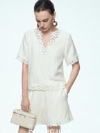 chicjuly Neapolitan Applique Embroidery Lace Women's Linen Top & Shorts Sets