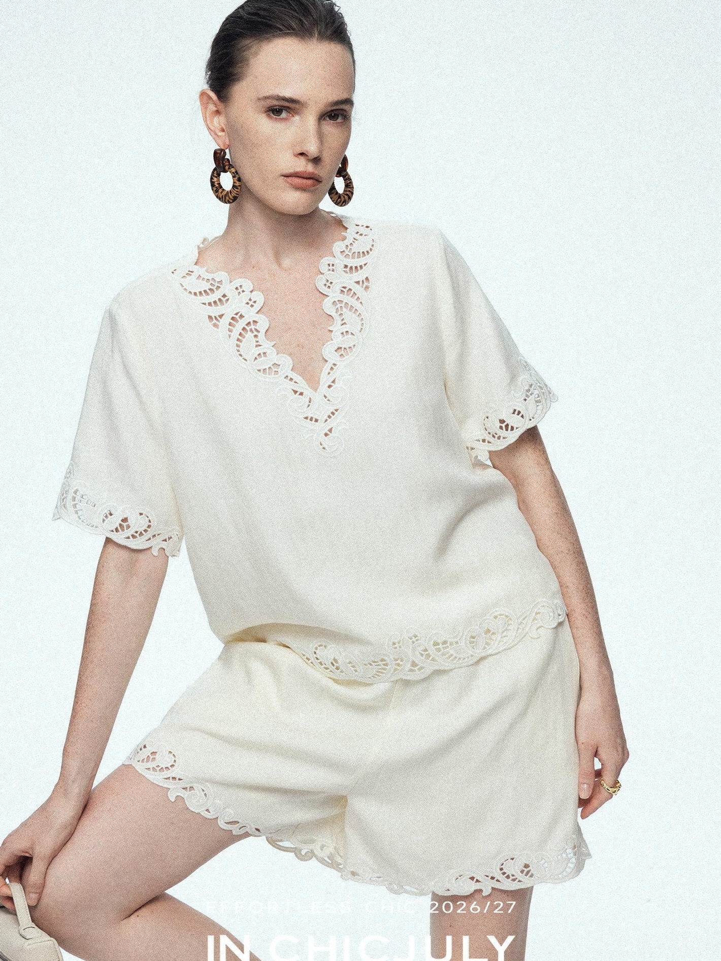 chicjuly Neapolitan Applique Embroidery Lace Women's Linen Top & Shorts Sets