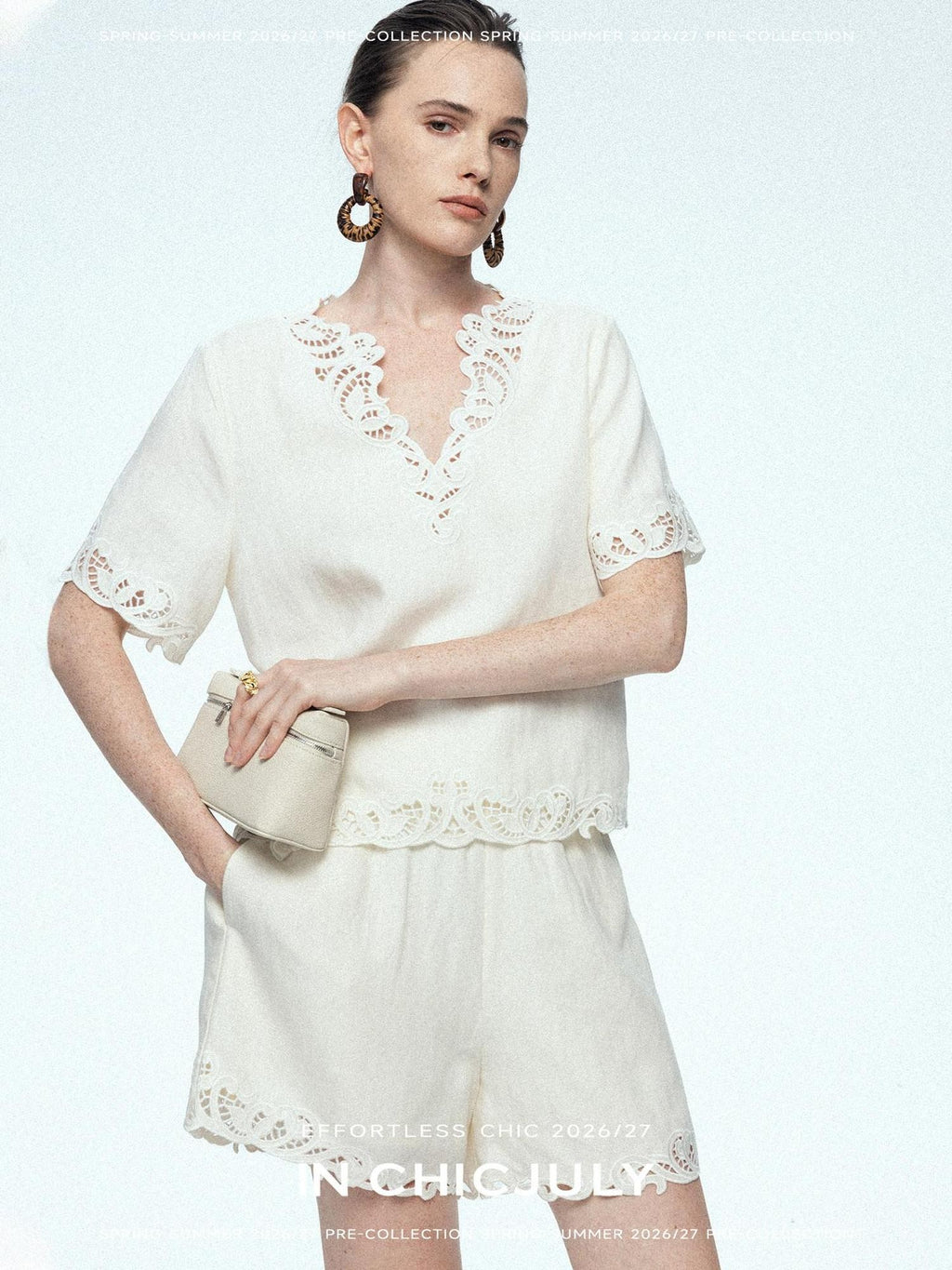 chicjuly Neapolitan Applique Embroidery Lace Women's Linen Top & Shorts Sets