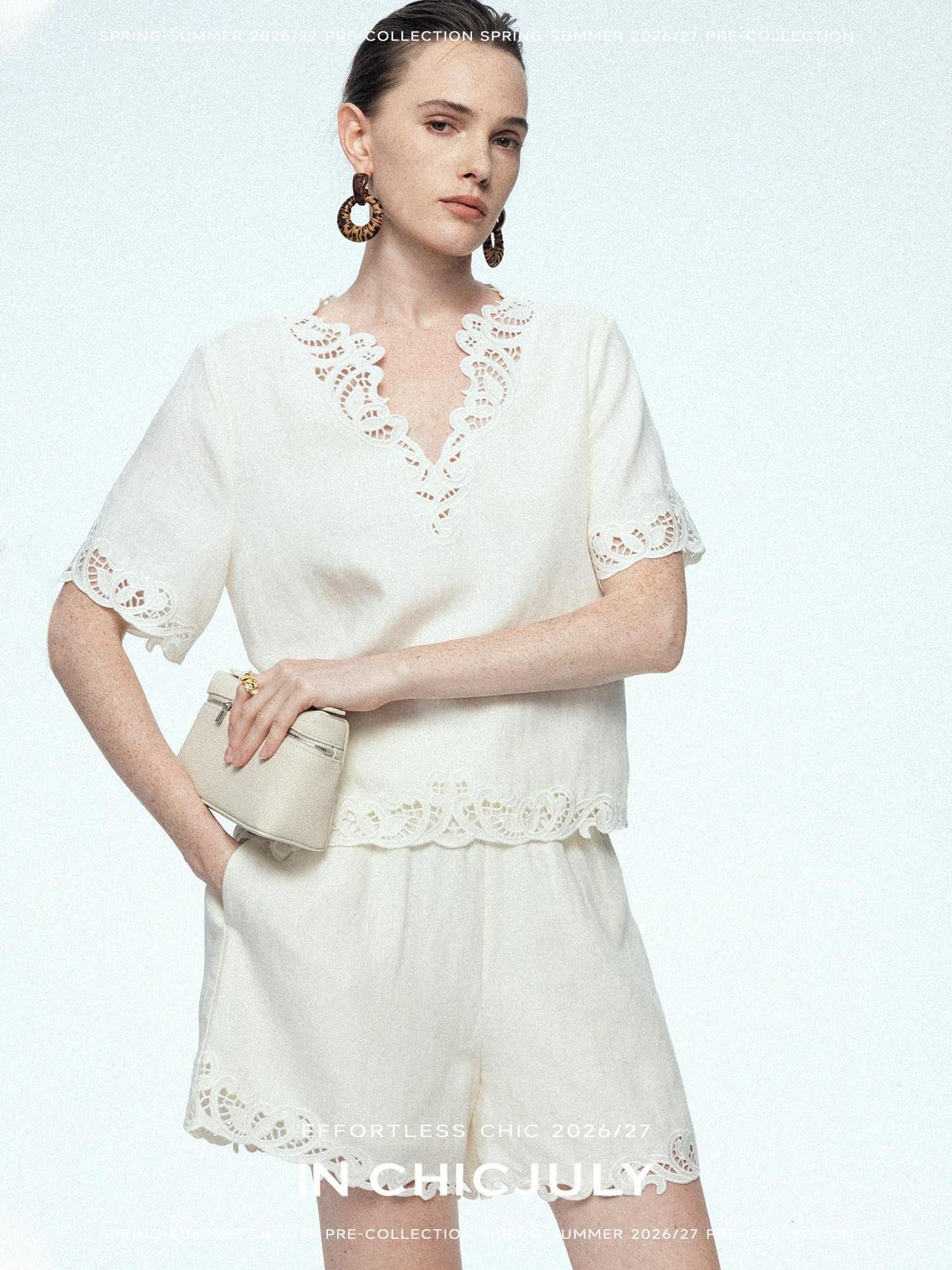 chicjuly Neapolitan Applique Embroidery Lace Women's Linen Top & Shorts Sets