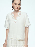 chicjuly Neapolitan Applique Embroidery Lace Women's Linen Top & Shorts Sets