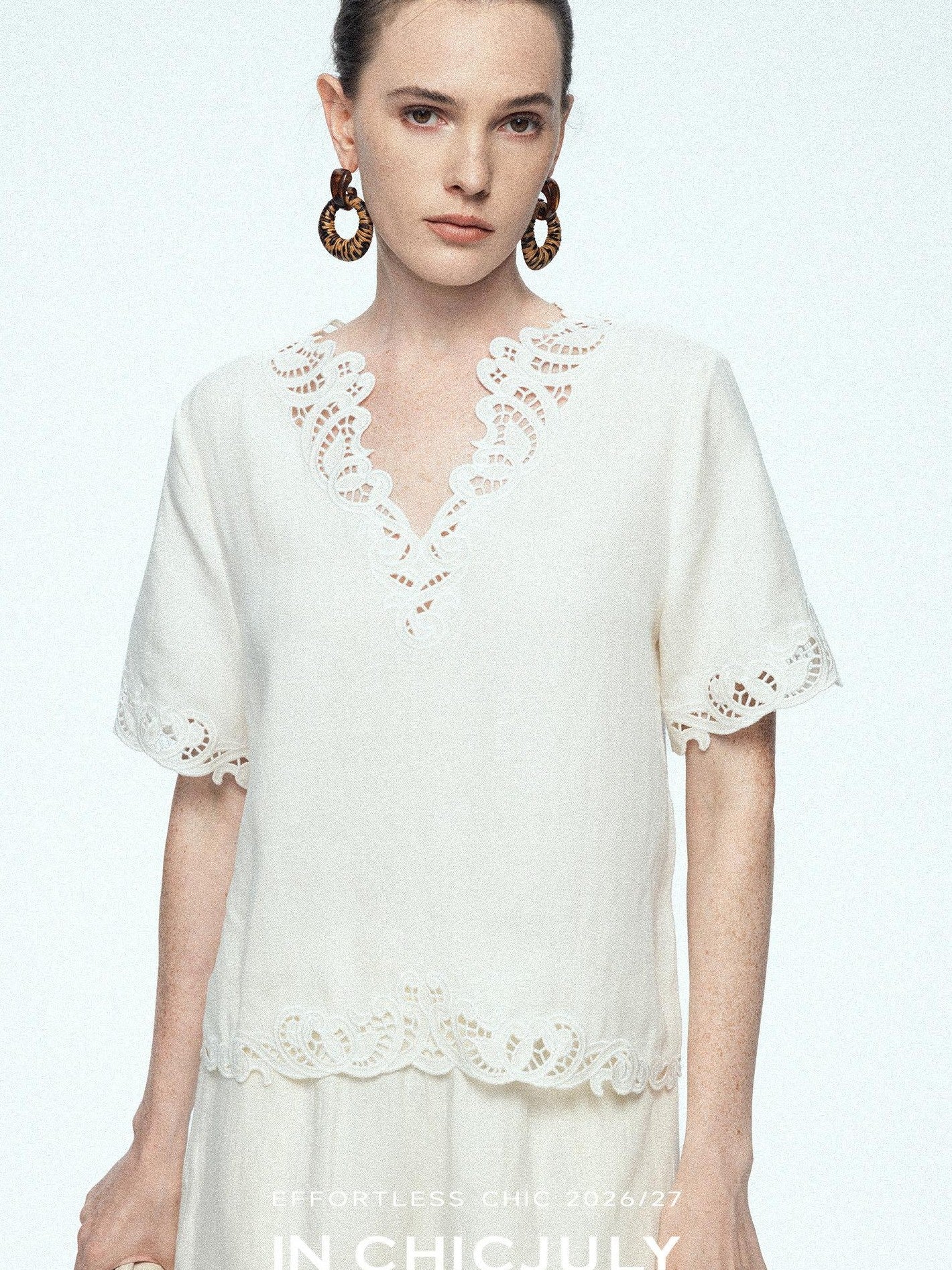 chicjuly Neapolitan Applique Embroidery Lace Women's Linen Top & Shorts Sets