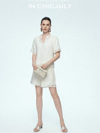 chicjuly Neapolitan Applique Embroidery Lace Women's Linen Top & Shorts Sets