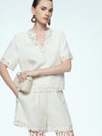 chicjuly Neapolitan Applique Embroidery Lace Women's Linen Top & Shorts Sets