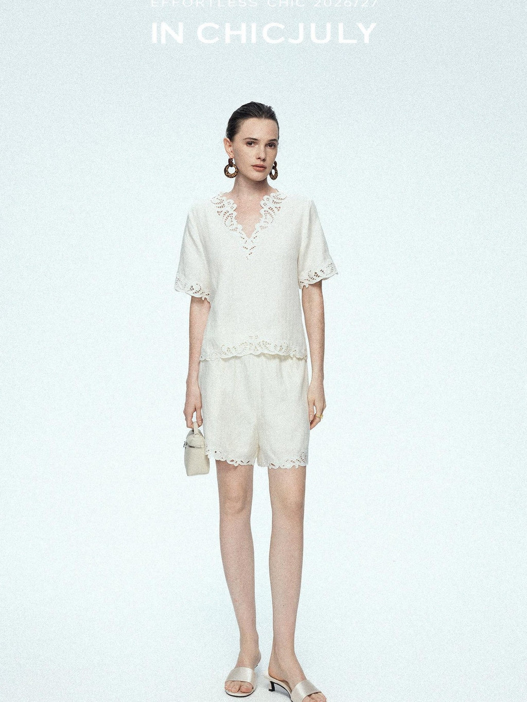 chicjuly Neapolitan Applique Embroidery Lace Women's Linen Top & Shorts Sets