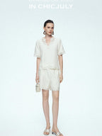 chicjuly Neapolitan Applique Embroidery Lace Women's Linen Top & Shorts Sets