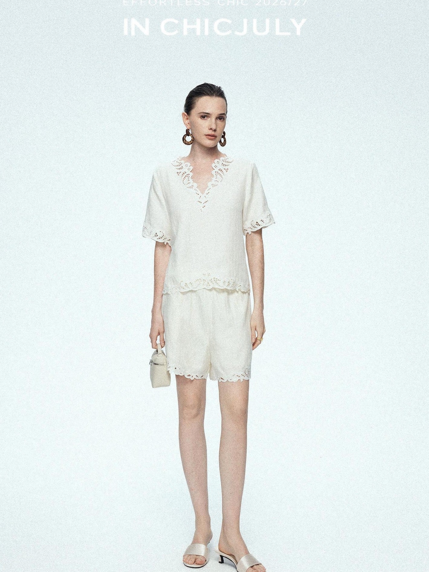 chicjuly Neapolitan Applique Embroidery Lace Women's Linen Top & Shorts Sets