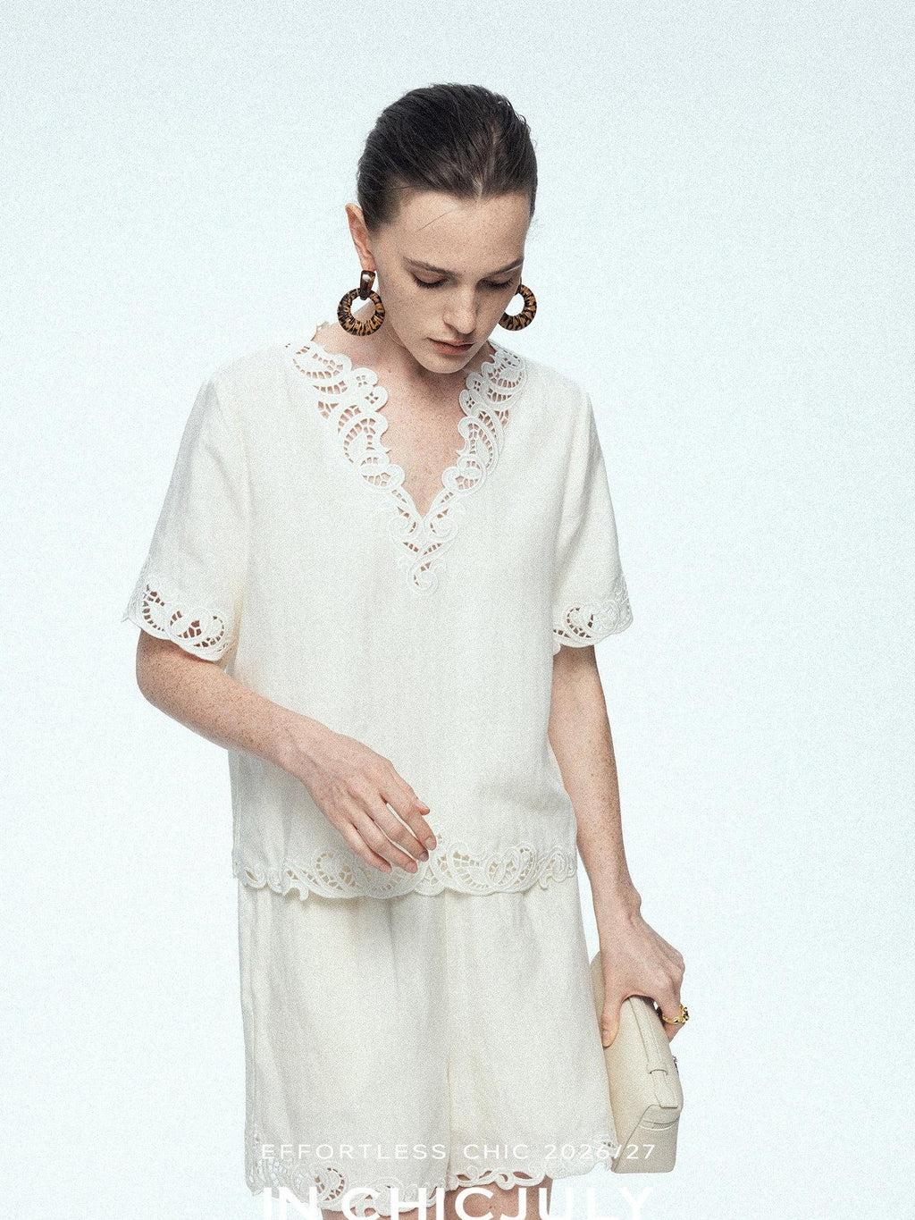 chicjuly Neapolitan Applique Embroidery Lace Women's Linen Top & Shorts Sets