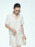 chicjuly Neapolitan Applique Embroidery Lace Women's Linen Top & Shorts Sets