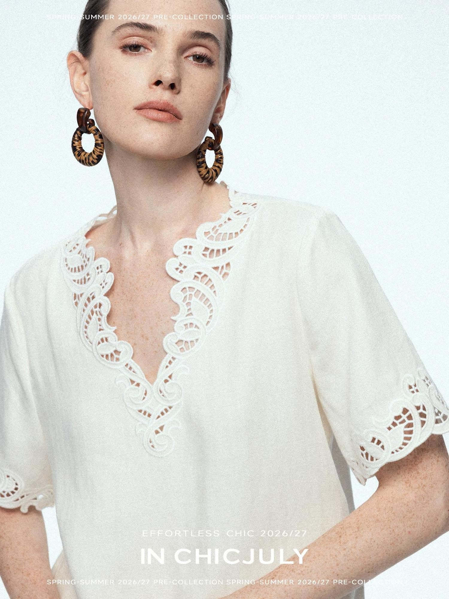chicjuly Neapolitan Applique Embroidery Lace Women's Linen Top & Shorts Sets