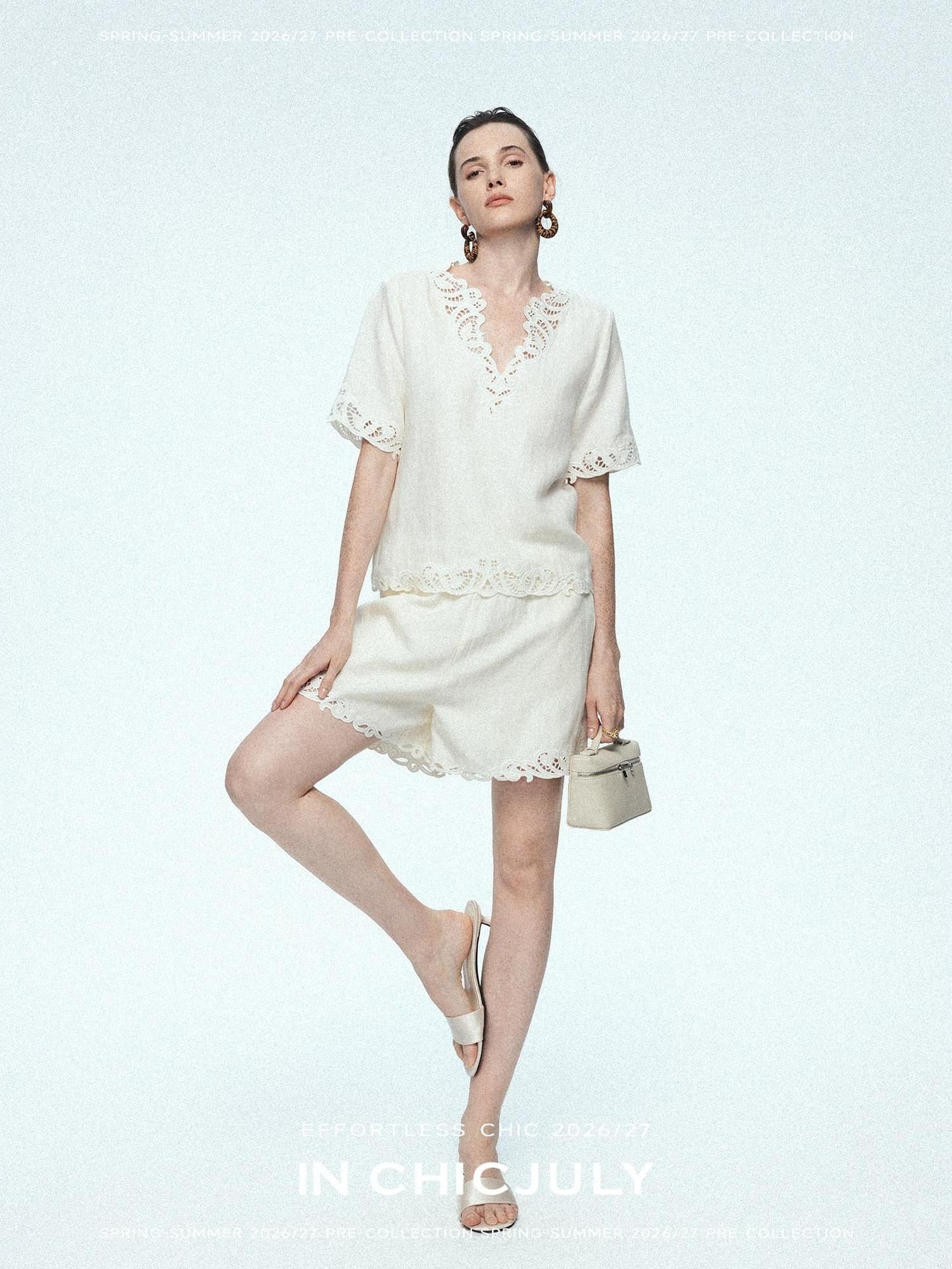 chicjuly Neapolitan Applique Embroidery Lace Women's Linen Top & Shorts Sets