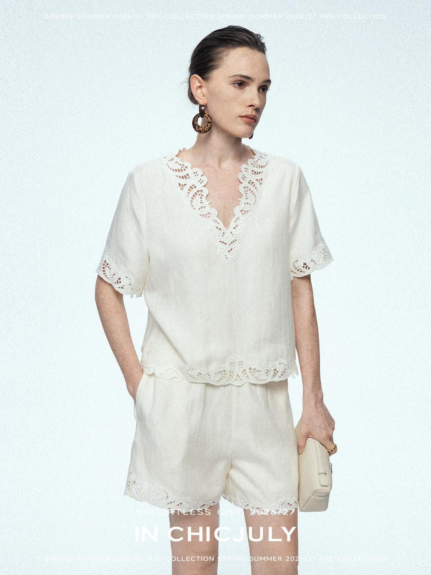 chicjuly Neapolitan Applique Embroidery Lace Women's Linen Top & Shorts Sets