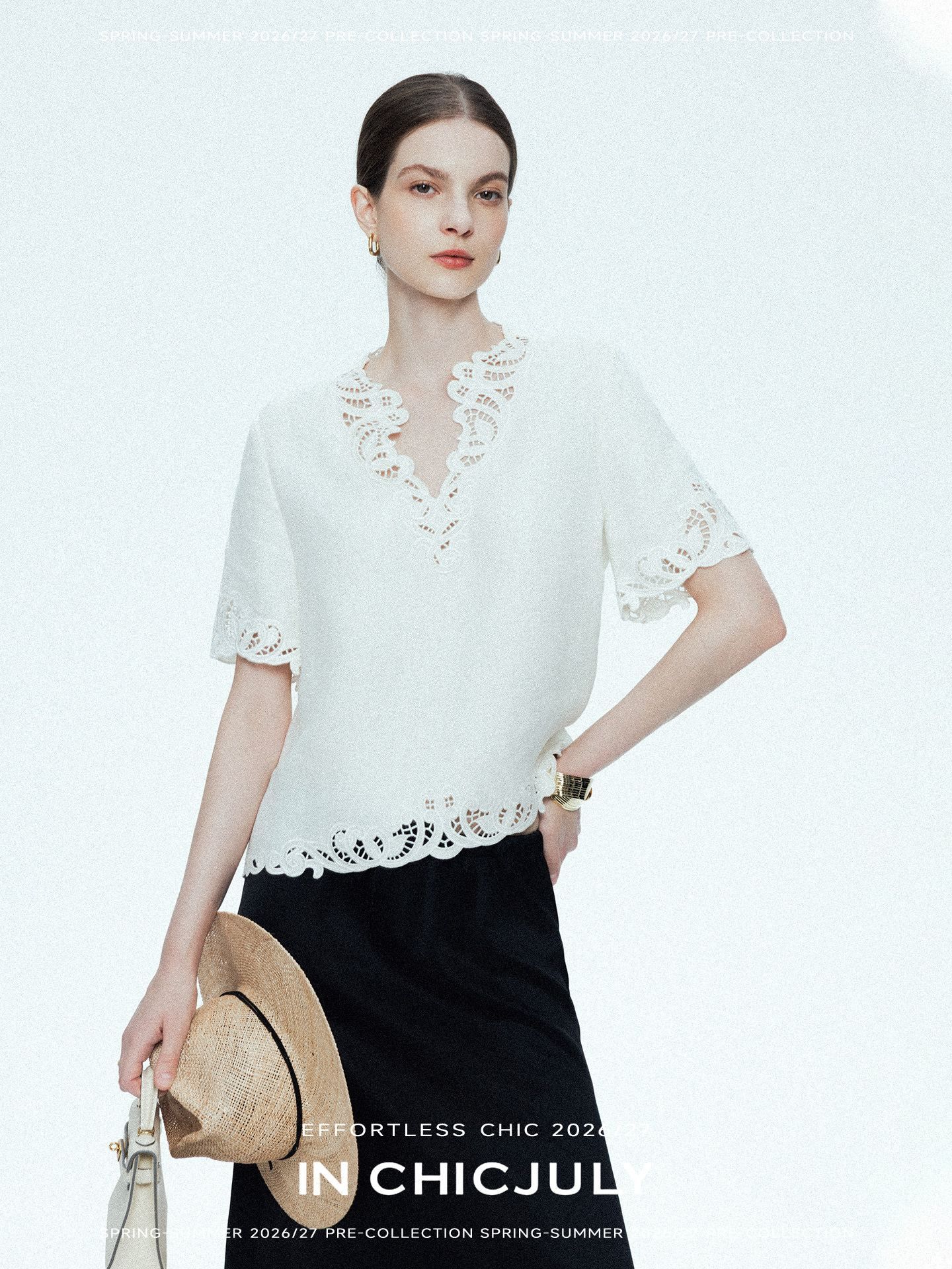 chicjuly Neapolitan Embroidered Cutout Sleeves Women's Linen Short Sleeve T-shirts 1047887390193