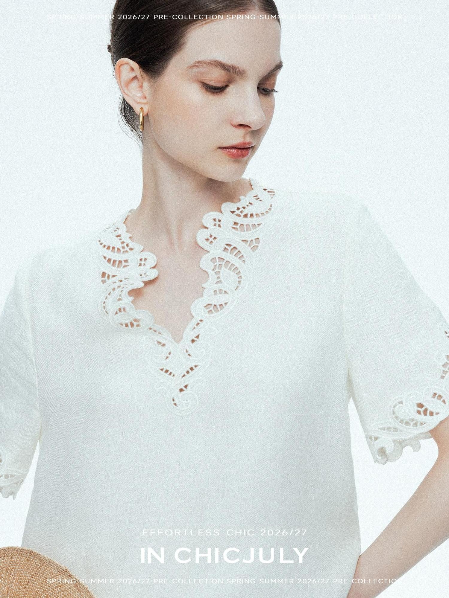 chicjuly Neapolitan Embroidered Cutout Sleeves Women's Linen Short Sleeve T-shirts